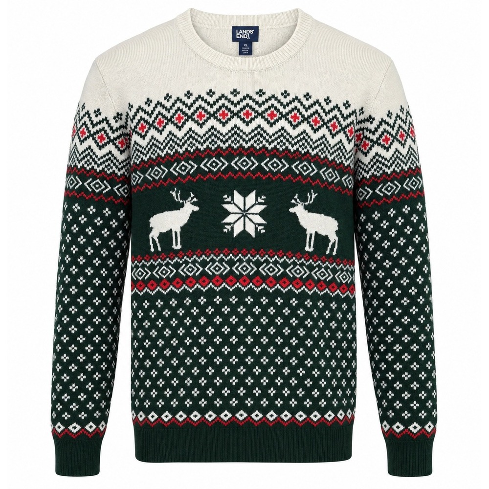 Lands End Mens XL Fair Isle Reindeer Snowflake Holiday Sweater Green Ivory Red